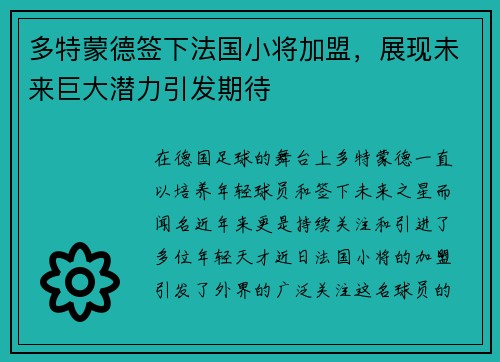 多特蒙德签下法国小将加盟，展现未来巨大潜力引发期待