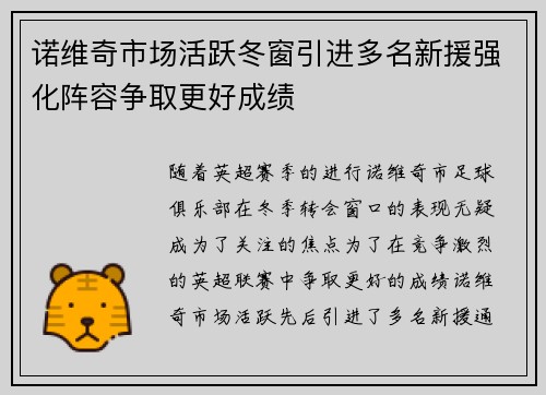 诺维奇市场活跃冬窗引进多名新援强化阵容争取更好成绩