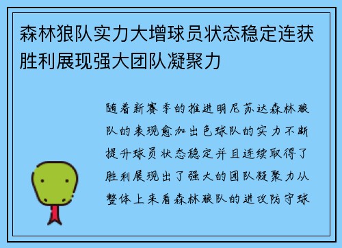 森林狼队实力大增球员状态稳定连获胜利展现强大团队凝聚力