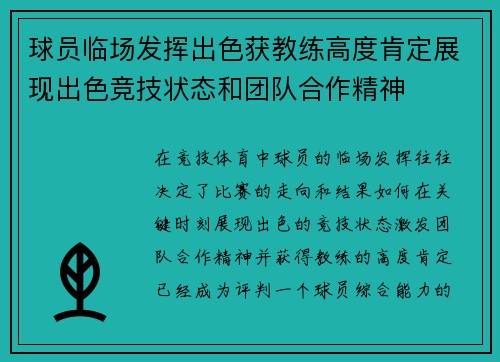 球员临场发挥出色获教练高度肯定展现出色竞技状态和团队合作精神