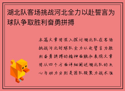 湖北队客场挑战河北全力以赴誓言为球队争取胜利奋勇拼搏