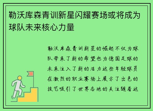 勒沃库森青训新星闪耀赛场或将成为球队未来核心力量