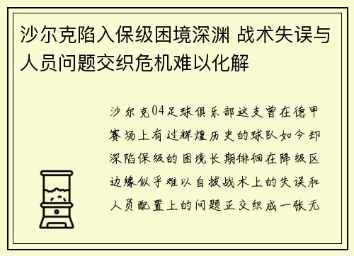沙尔克陷入保级困境深渊 战术失误与人员问题交织危机难以化解