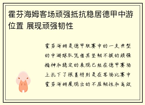 霍芬海姆客场顽强抵抗稳居德甲中游位置 展现顽强韧性