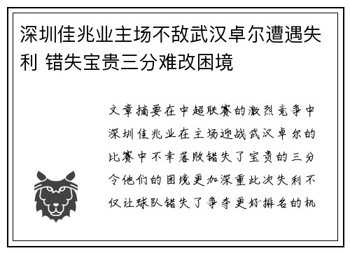 深圳佳兆业主场不敌武汉卓尔遭遇失利 错失宝贵三分难改困境