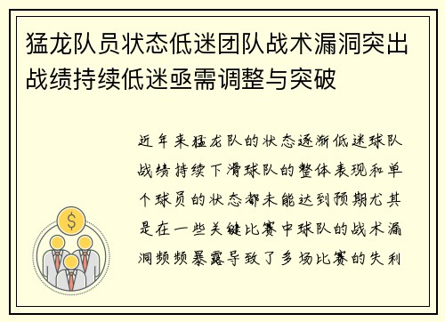 猛龙队员状态低迷团队战术漏洞突出战绩持续低迷亟需调整与突破