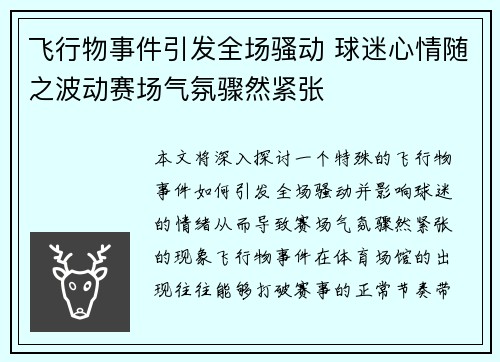 飞行物事件引发全场骚动 球迷心情随之波动赛场气氛骤然紧张