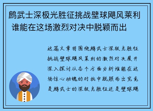 鹧武士深极光胜征挑战壁球飓风莱利 谁能在这场激烈对决中脱颖而出